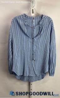 Free People Women's Pale Blue/Gray Striped V Neck Tie Long Sleeve Shirt - Sz XS