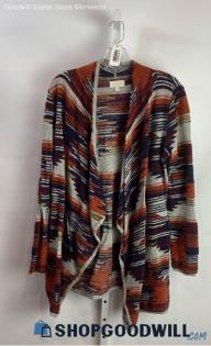 Lucky Brand Women's Navy/Rust Orange Patterned Lightweight Open Cardigan - Sz M