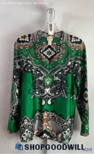 Chico's Women's Green Satin Floral Pattern Tunic Blouse - Sz S