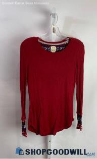 Lucky Brand Women's Red/Navy Floral Cuff Long Sleeve Slim Fit T-Shirt - Sz S