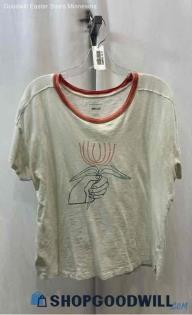 Anthropologie Women's White/Red Henley Graphic T-shirt - Sz L