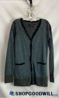 Miss Me Women's Gray Heather Rhinestone Lightweight Button Up Cardigan Sz L