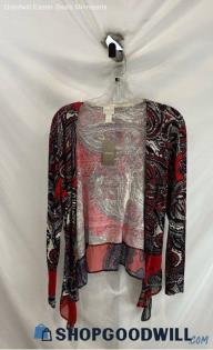 Chico's Women's Red/Gray Floral Paisley Cotton Sweater - Sz M