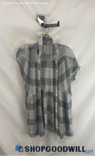 Free People Women's Gray Plaid Gauze Textured Sheer Button Up Peplum Top Sz XXS