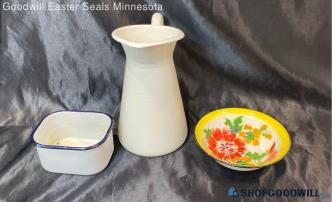 Vintage White Pitcher + Flowers Design Bowl +More