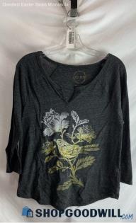 Lucky Brand Women's Graphite Gray Bird Graphic V Neck Long Sleeve - Sz M