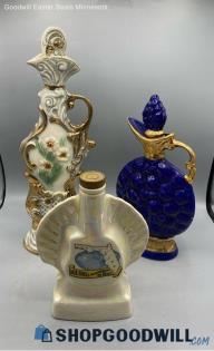 3pc Jim Beam Whiskey Sea Shell Blue Gold Grape Cluster Floral Decanter Bottle