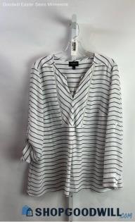 Lane Bryant Women's White/Gray Striped V Neck Roll Sleeve Blouse - Sz 14/16