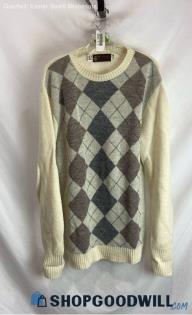 Jersild Men's VTG Ivory/Beige Argyle Patterned Knit Sweater - Sz XL