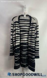 Chico's Women's White/Black Plush Striped Open Cardigan - Sz L