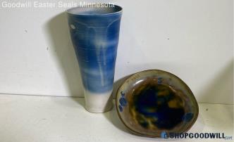 Handmade Ceramic Dishes, Blue/white Marbled Cup Vase , Abalone Style Plate