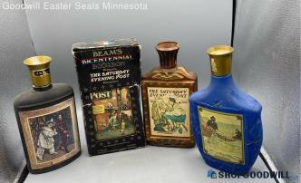 4pc Beam's Bicentennial Saturday Post & Mardi Gras And Gil Net Decanter Bottles