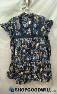 Lane Bryant Women's Dark Navy Blue/Floral Print Ruffle Sleeve Lace Blouse- Sz 24