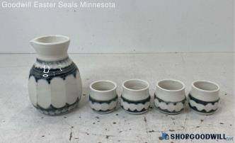 5pc White Blue Ceramic-like Pitcher & Cups