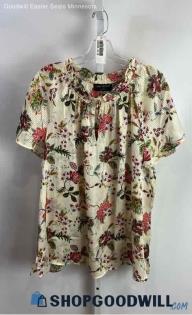 Lane Bryant Women's Cream Sheer Stripes Floral Print Polyester Blouse - Sz 14/16