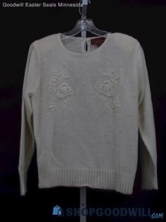 Vintage Worthington Women's Ivory Soft Floral Pearl Sweater Size S