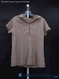 Vintage Women's Brown Patterned Zip Front Polo T-Shirt Custom Size