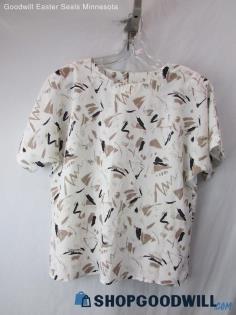 G.W. Women's Vintage White/Tan Abstract Pattern Short Sleeve Blouse SZ M