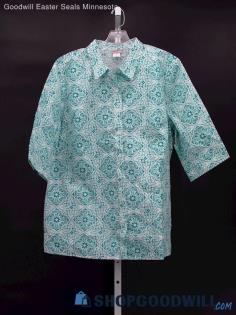 Vintage American Sweetheart Women's White/Teal Tile Pattern Button Shirt Size L