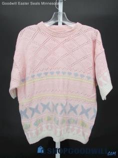 Women's Vintage Pastel Pink Hearts/Fish Knit Short Sleeve Sweater/Shirt SZ L