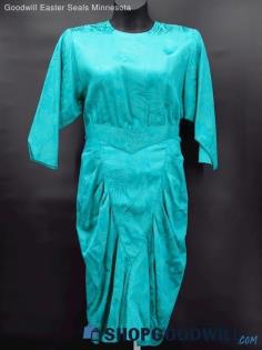 VTG Tina Barrie Women's Turquoise Satin Botanical Patterned Belt Dress Size 10