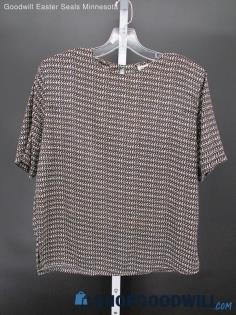 Tathena Women's Vtg Black/White/Tan Pattern Short Sleeve Blouse SZ 10