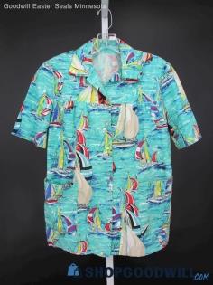 Women's Vintage Teal Hawaiian Sail Boats Snap-Up Short Sleeve Shirt SZ L