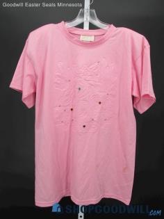 Kavio Designs Women's Vintage Pink Embossed/Rhinestone T-Shirt SZ OSP