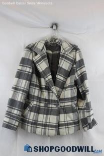 Joujou Womens Gray/Ivory Plaid Pea Coat Sz M