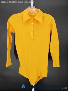 Women's Vintage Yellow Ribbed 1/4 Button Up Collared Body Suit SZ S