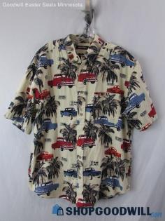 Puritan Men's Vintage Tan/Blue Truck Print Short Sleeve Button-Up Shirt SZ L