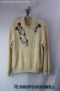 Teddi Women's Vintage Tan Floral Embroidered 1/4 Zip Collar Sweater SZ L