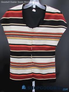 Unbranded Women's Vintage Black Multicolor Stripped Zip Front Blouse SZ 12