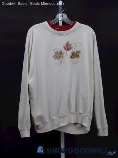 Vintage Top Stitch Women's Ivory/Red Bead Embroidered Leaf Sweatshirt Size 2X