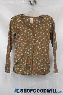 Jantzen Women's Brown Multicolor Flower Print Long Sleeve Shirt SZ S