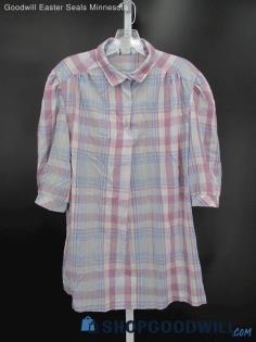 Vintage Marc Perry Women's Multicolor Plaid Puffer Sleeve Dress Shirt SZ 16