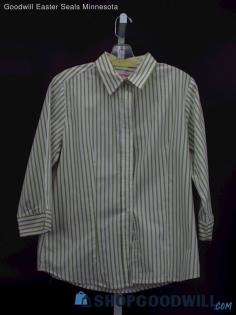 VTG American Sweetheart Women's White/Green Striped 3/4 Sleeve Button Top Size S