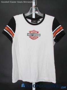 Harley-Davidson Women's White/Black/Orange Rhinestone Short Sleeve T-Shirt SZ S