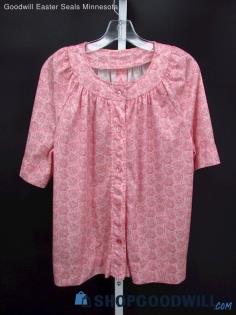 Vintage Women's Red/Pink Floral Pattern Pleated Button-up Blouse SZ L