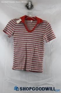 Unbranded Women's Red/Gray Stripes Polo Crop Shirt SZ S