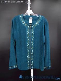 Vintage Christine Thompson Modern Women's Blue Embroidered Zip-up Sweater SZ