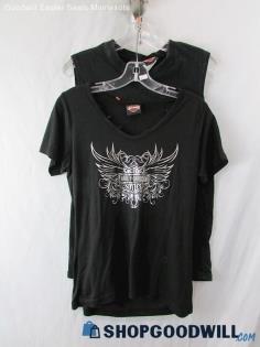 Lot of 2 Harley-Davidson Silver Wings/Fiery Initials Black Tank/T-Shirt SZ S