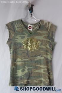 Harley-Davidson Women's Green/Brown/Camo Print Gold Lettered Tee SZ M