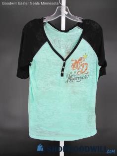 Harley-Davidson Women's Y2K Teal/Black Rhinestone Henley 1/4 Sleeve T-Shirt SZ L