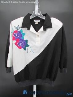 Bonnie Blair Women's Vintage Black/White Floral 1/4 Sleeve Polo Shirt SZ LP