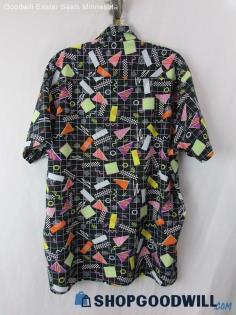 Oh Snap! Men's Black/Multicolor Geometric Short Sleeve Button-Up Shirt SZ XL