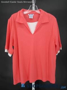 Blair Women's Vintage Red Ribbed Short Sleeve Collared Shirt SZ M