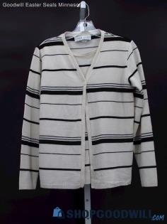 Vintage Cape Cod Women's Ivory/Black Striped Faux Cardigan Knit Sweater Size S