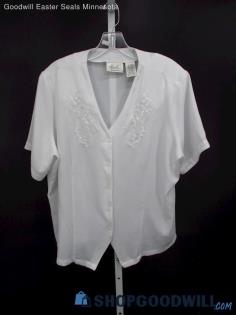 Vintage Kathie Lee Women's White Embroidered Button-up Shirt SZ 18W/20W