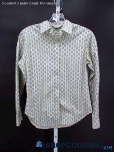 Vintage Majestic Men's Cream/Blue Paisley Pattern Button-Up Shirt SZ S